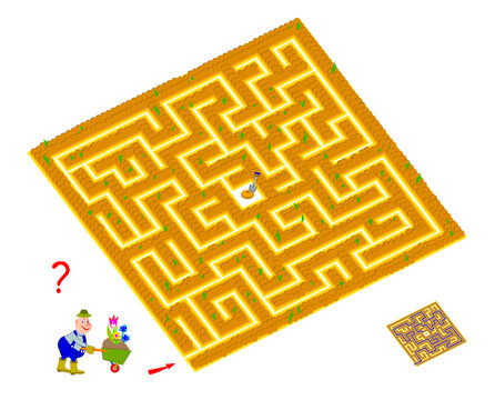 Logic Puzzle Game With Labyrinth For Children And Adults. Help The Gardener Find The Way Till The Flower Bed. Worksheet For Kids Brain Teaser Book. IQ Test. Play Online. Vector Illustration.
