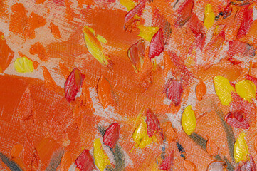 Abstract creative background: streaks and strokes of bright oil paint on linen canvas before tone...