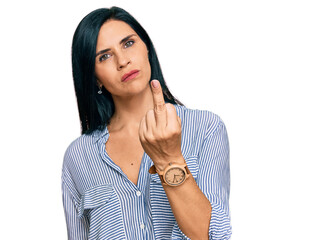 Young caucasian woman wearing casual clothes showing middle finger, impolite and rude fuck off expression