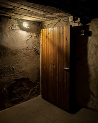 Mroczna piwnica tajemnicze drzwi pojedyncza lampka led słabe oświetlenie  - obrazy, fototapety, plakaty