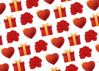 Seamless red roses, red heart and red gift pattern