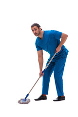 Young male assistant with mop isolated on white