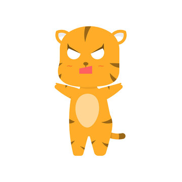 vector illustration of a funny, cute, and adorable tiger or chibi cat character. angry and annoyed tiger expression. flat style. design elements. Can be used for stickers and mascot logo