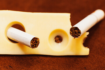 Close up cigarette in the hole of a piece of cheese, Quit Smoking, Stop Smoking Cigarette Concept.