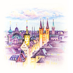 Coplored pencils sketch of Alte Mainbrucke, Old Town of Wurzburg, Franconia, Northern Bavaria, Germany