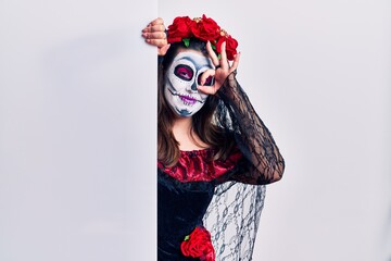 Young woman wearing day of the dead custome holding blank empty banner doing ok gesture with hand smiling, eye looking through fingers with happy face.