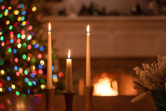 Candlelight and fireplace at Christmastime
