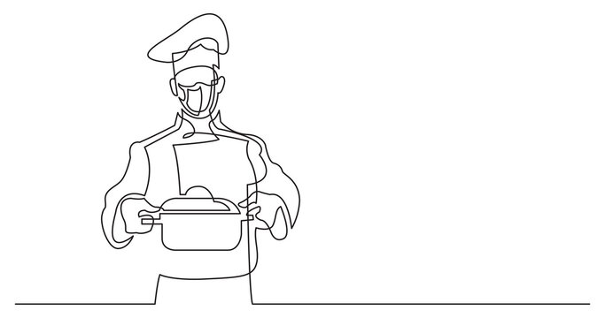 continuous line drawing of chef holding pot of meal wearing face mask