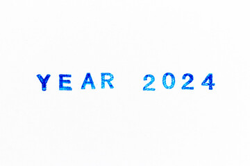 Blue color ink of rubber stamp in word year 2024 on white paper background