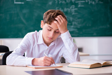 Schoolboy preparing for exams in the classroom