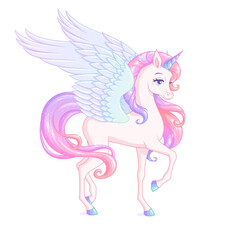 Beautiful winged unicorn with pink mane. Vector illustration. © Mus Illustrations