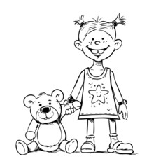 Hand drawn black and white  illustration of girl and toy bear.