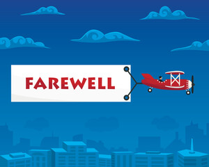 Farewell banner is attached to the airplane. Vector illustration
