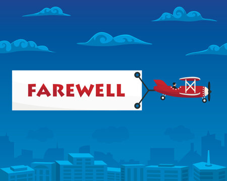 Farewell banner is attached to the airplane. Vector illustration