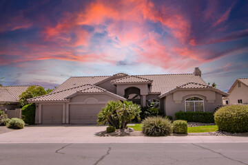 Pheonix Arizona Home in Pink and Purple Sunset - Powered by Adobe