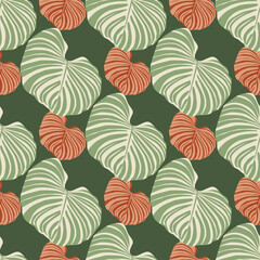 Nature palm seamless pattern with striped tropical monstera leaves. Green and pink colored artwork.