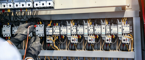 Close-up hand of electrical engineer using measuring equipment to checking electric current voltage at circuit breaker and cable wiring system for maintenance in main power distribution board.