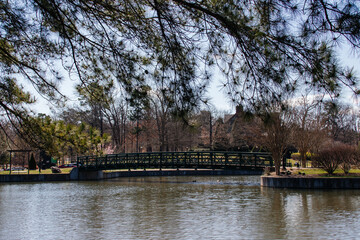 Fototapeta na wymiar Green wooden bridge over the lake in the park in early spring on a sunny clear afternoon. Cleveland Park in Spartanburg, SC, USA on a sunny spring day.