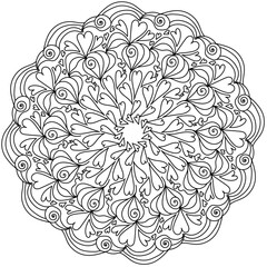 Mandala with ornate hearts and keys, zen coloring page for Valentine's day