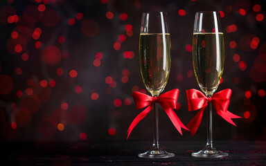 Champagne Flute Glass. Wine glass decorated with red silk ribbon bow. Festive mood. Greeting card. Beautiful bokeh on background with copy space. 