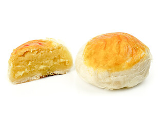 Colorful Chinese pastry Mung Bean with Egg Yolk or moon cake , Chinese festival dessert isolated on white background