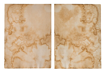 A set of brown paper blank texture crumpled dark border, front and back view. Isolated on white background.