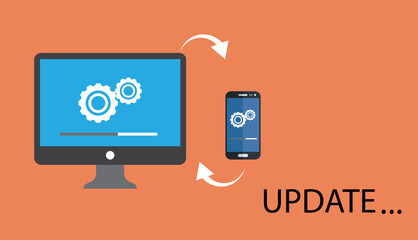  Pc and smartphone.Data update or synchronize with bar process icon flat design. 