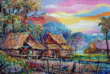   The collection of colorful oil paintings is a background from Thailand.  Countryside  