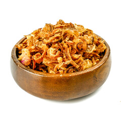 Deep fried shallots, crispy fried onions or crispy fried shallots (hanh phi, bawang goreng) isolated on white background