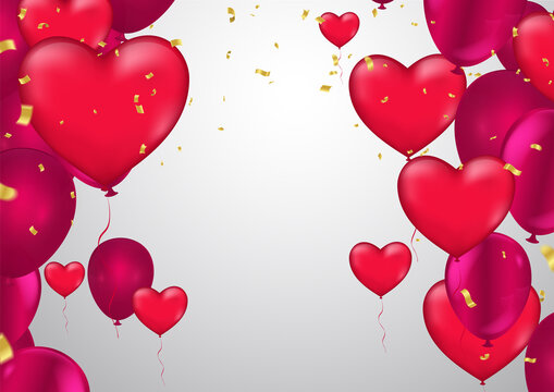 Happy Valentines Day. Realistic Balloons group in shape heart with gold ribbon. ballon isolated on background. with space for your text. Vector illustration.