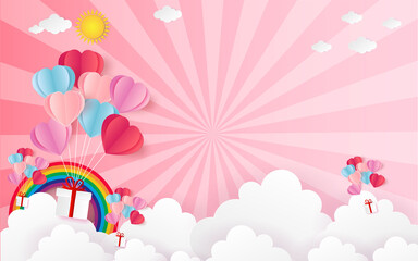 Abstract flying red and white hearts on red background. Valentines day concept