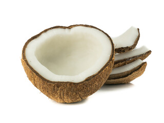 Coconut or Coconut pieces isolated on white background. Pure Coconut oil from Tropical fruit