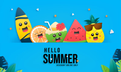 Summer sale vector banner set design with text hello summer in a blue background for marketing promotion. Decorate with fruit characters and palm leaf. Vector illustration template.