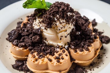 Chocolate waffles with chocolate biscuit slices sprinkled and given vanilla ice cream