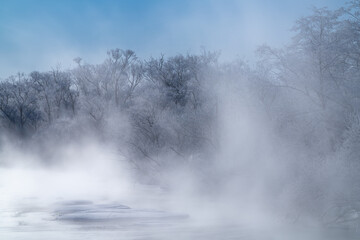 Plakat frost trees in the fog over the river in hokkaido japan