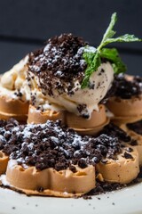Chocolate waffles with chocolate biscuit slices sprinkled and given vanilla ice cream
