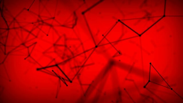 Abstract Plexus Network of connected black lines and dots particles on red background.