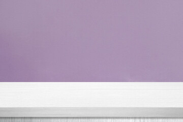 White wood table and purple wall background in kitchen, Wooden shelf, counter for food and product...