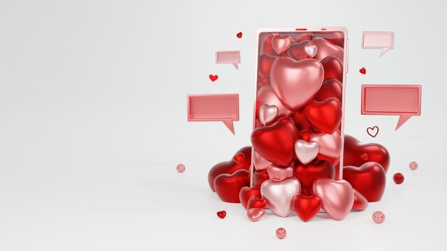 Heart Bursting Out Of The Mobile Phone With Text Box , Background Illustration About 14 February And Valentine's Day, 3D Rendering.