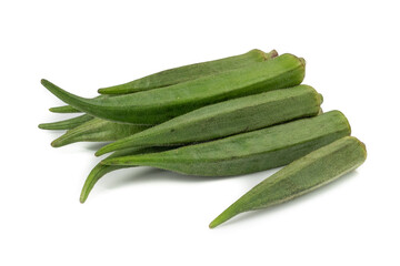 Raw Green Organic okra, Lady's fingers, Gombo, Gumbo, Bendee, Quimbamto (Abelmoschus esculentus) isolated on white background