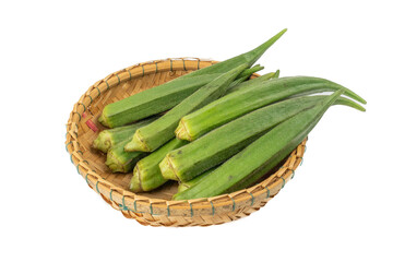 Raw Green Organic okra, Lady's fingers, Gombo, Gumbo, Bendee, Quimbamto (Abelmoschus esculentus) isolated on white background