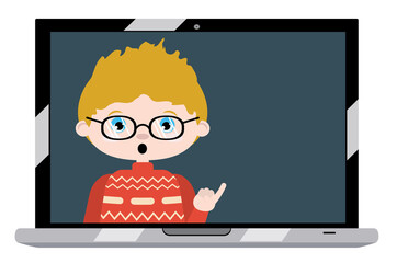 Caucasian boy on laptop screen