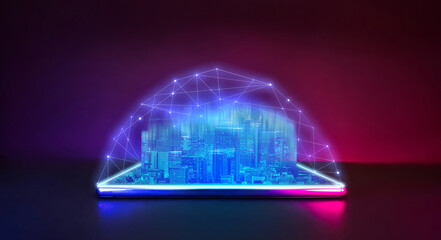 Future technology cyberpunk neon color of mobile phone with city pop hologram technology with...