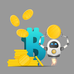 Flying robot holding a gold coin against the background of the bitcoin sign. Investment and capital increase concept. Vector.