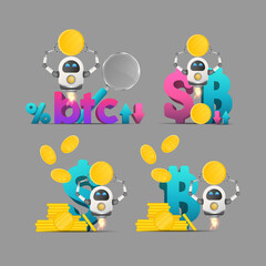 A set of concepts on the topic of investing in the dollar or bitcoin. Flying robots bots. Vector.