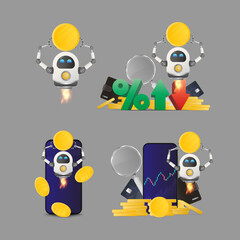 A set of concepts on the topic of investing or cashback. Flying robots bots. Vector.