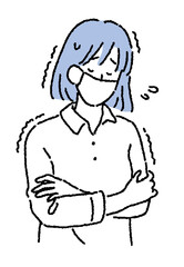 シンプルなタッチ　マスクをつけた風邪で寒気がする女性のイラスト
