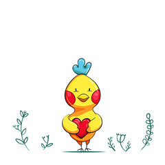 Yellow cartoon bird is head over heels in love. Little fellow stands eyes wide open, handing the heart. Vector illustration isolated on white background.