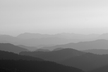 Foggy layered mountain landscape in maehongson province, thailand.