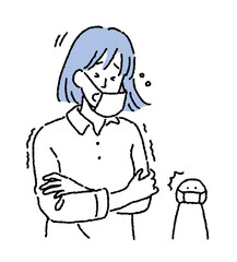 シンプルなタッチ　マスクをつけた風邪でくしゃみをする女性のイラスト